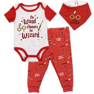 Harry Potter Baby Clothes Set Onesie Pants Bib Girls Boys Wand Chooses Wizard